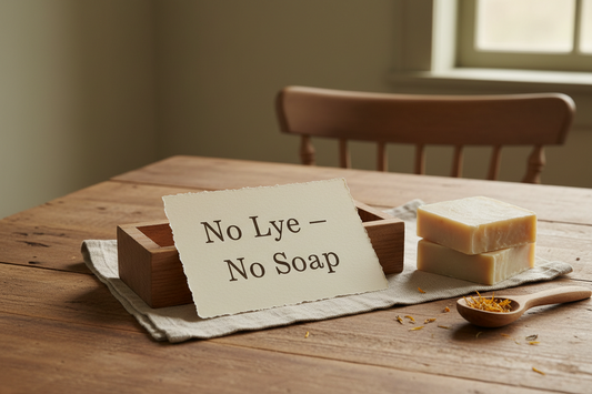  Brown wood farmhouse table with a sign that says "No Lye - No Soap"