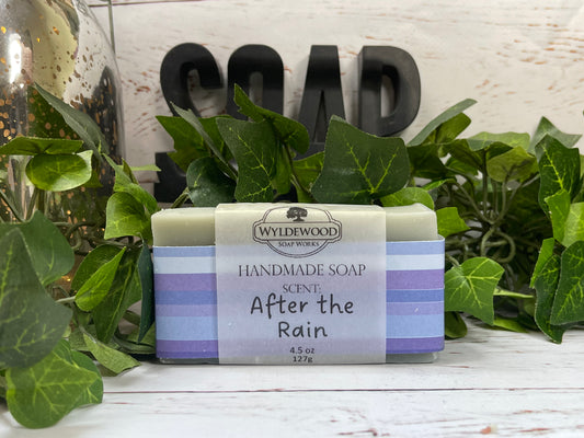 A bar of handmade goat milk soap with 'After the Rain' scent, placed on a white surface with green leaves and a 'SOAP' sign in the background.